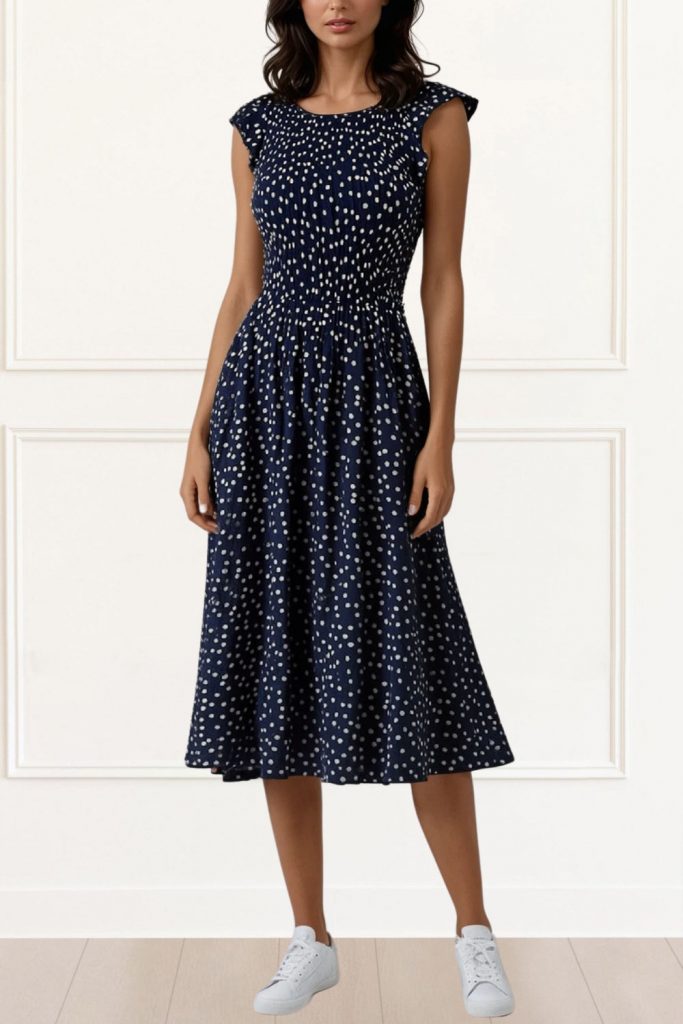Dominique_Polka_Dot_Midi_Dress_Smocked_Frilled_Sleeves_Navy_2